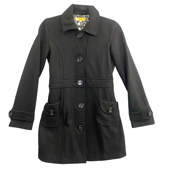 Anthropologie TULLE Women Wool Blend Pea Coat Sz S Black Mid Length Winter Lined - Picture 1 of 13